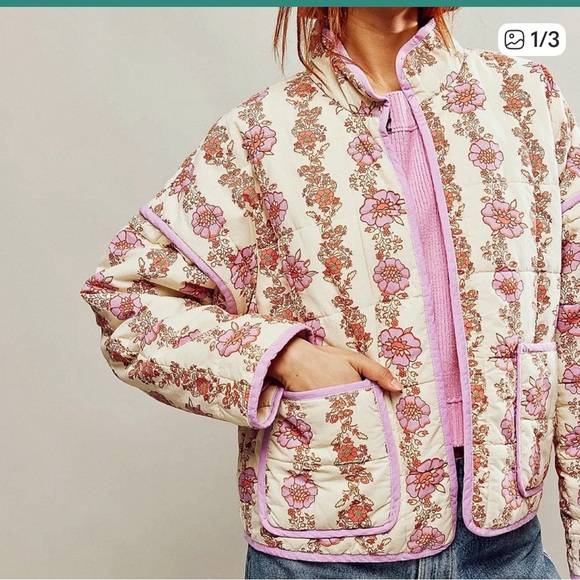 Free People Chloe Floral Jacket Pink Quilted Zip Front FP One Size XL - Picture 2 of 6